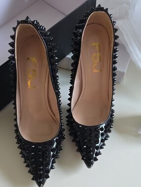 FSJ Black Patent Pointed-Toe Spike Stud Pumps